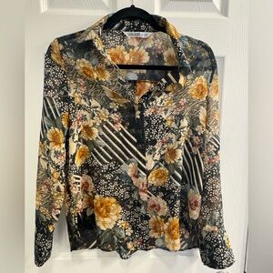 Zara Black Floral Button-Front Blouse with Yellow and Cream Blooms